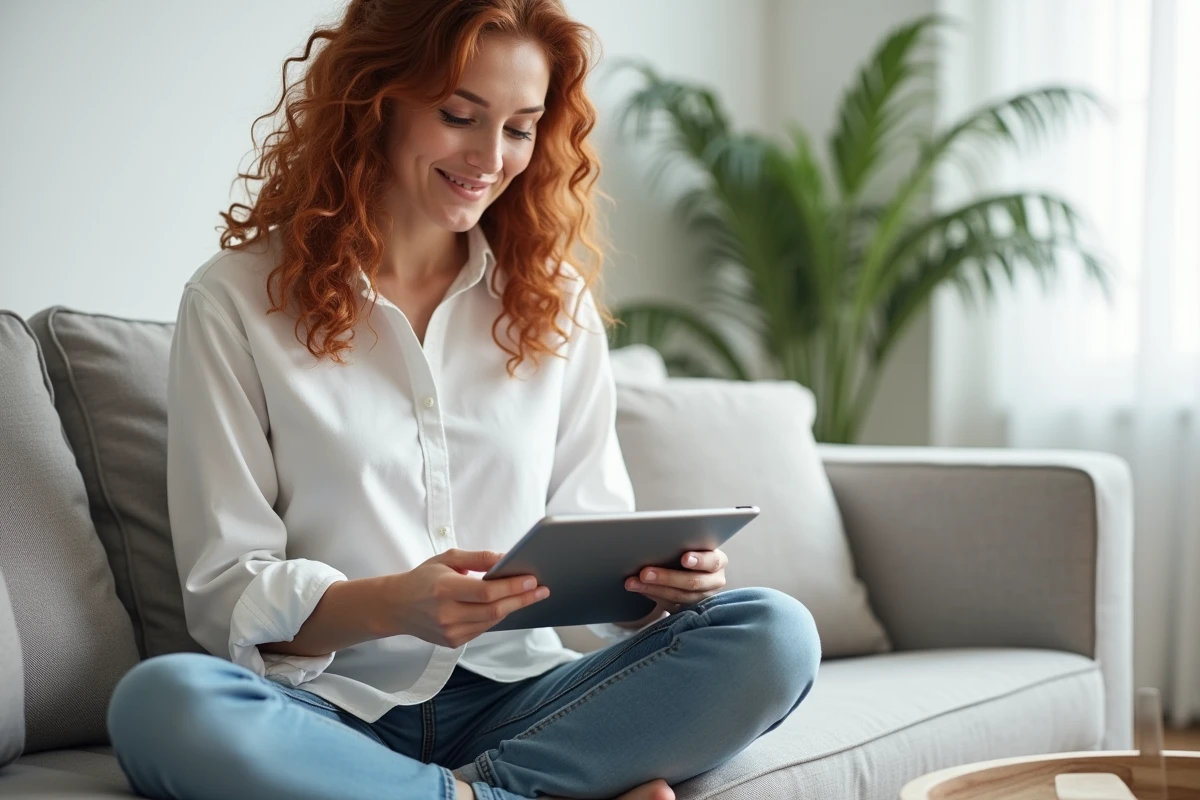Jeune femme gérant son compte Smartbox sur une tablette depuis son salon scandinave