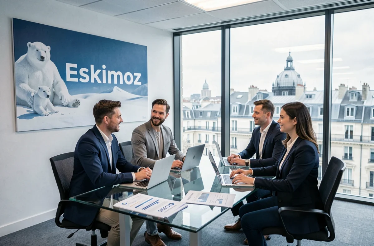 Équipe de l'agence Eskimoz en réunion autour de rapports d'audit SEO dans un bureau avec vue sur la ville