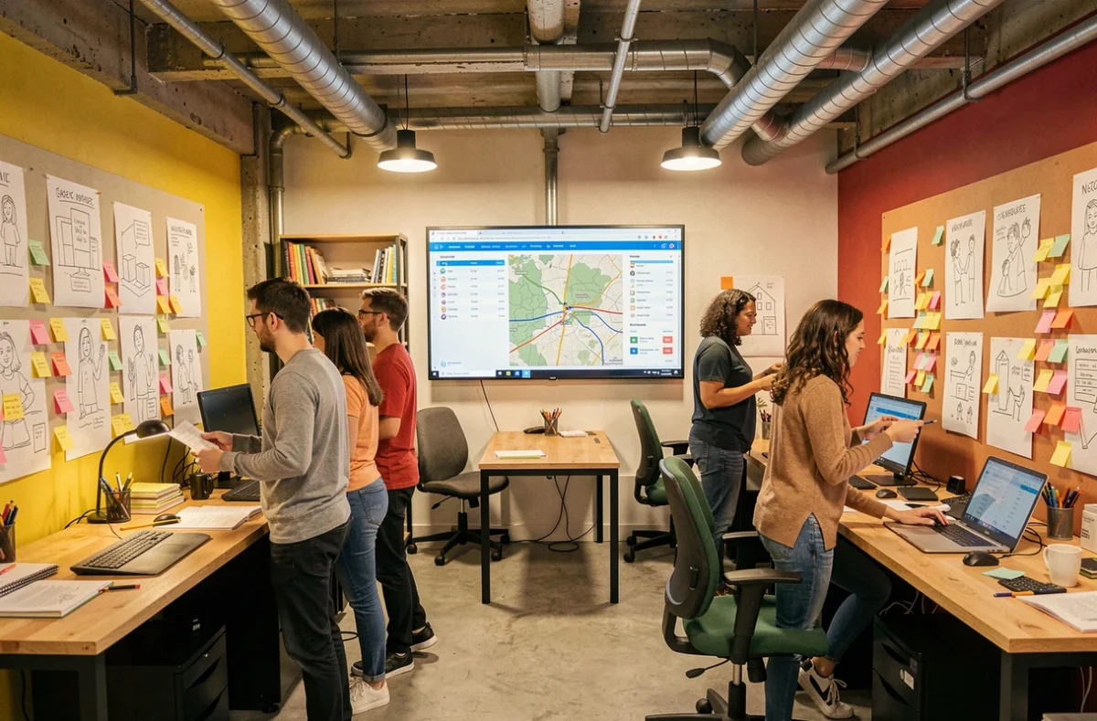 Bureau créatif et dynamique de l'agence GALOPINS avec une équipe travaillant sur des campagnes SEO locales