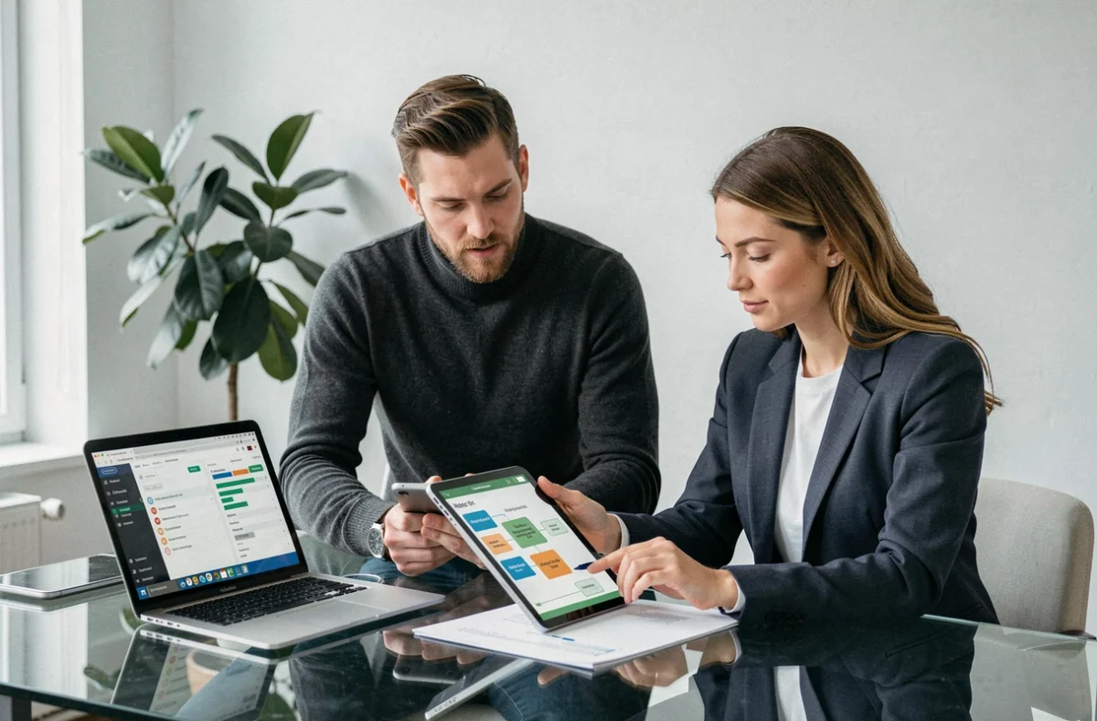 Deux consultants de l'agence Junto collaborant sur une stratégie de contenu SEO dans un bureau minimaliste