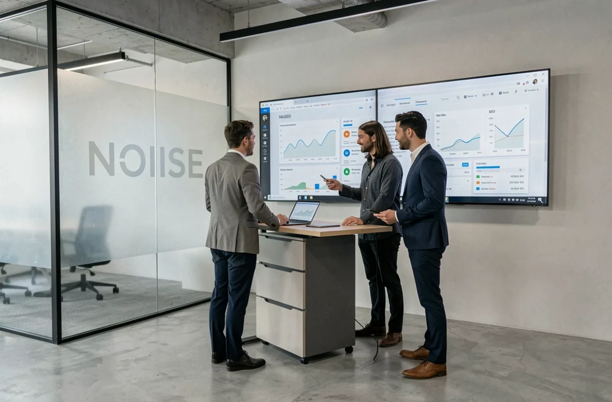 Équipe de l'agence NOIISE réunie autour d'un écran de performance SEO dans leurs bureaux modernes