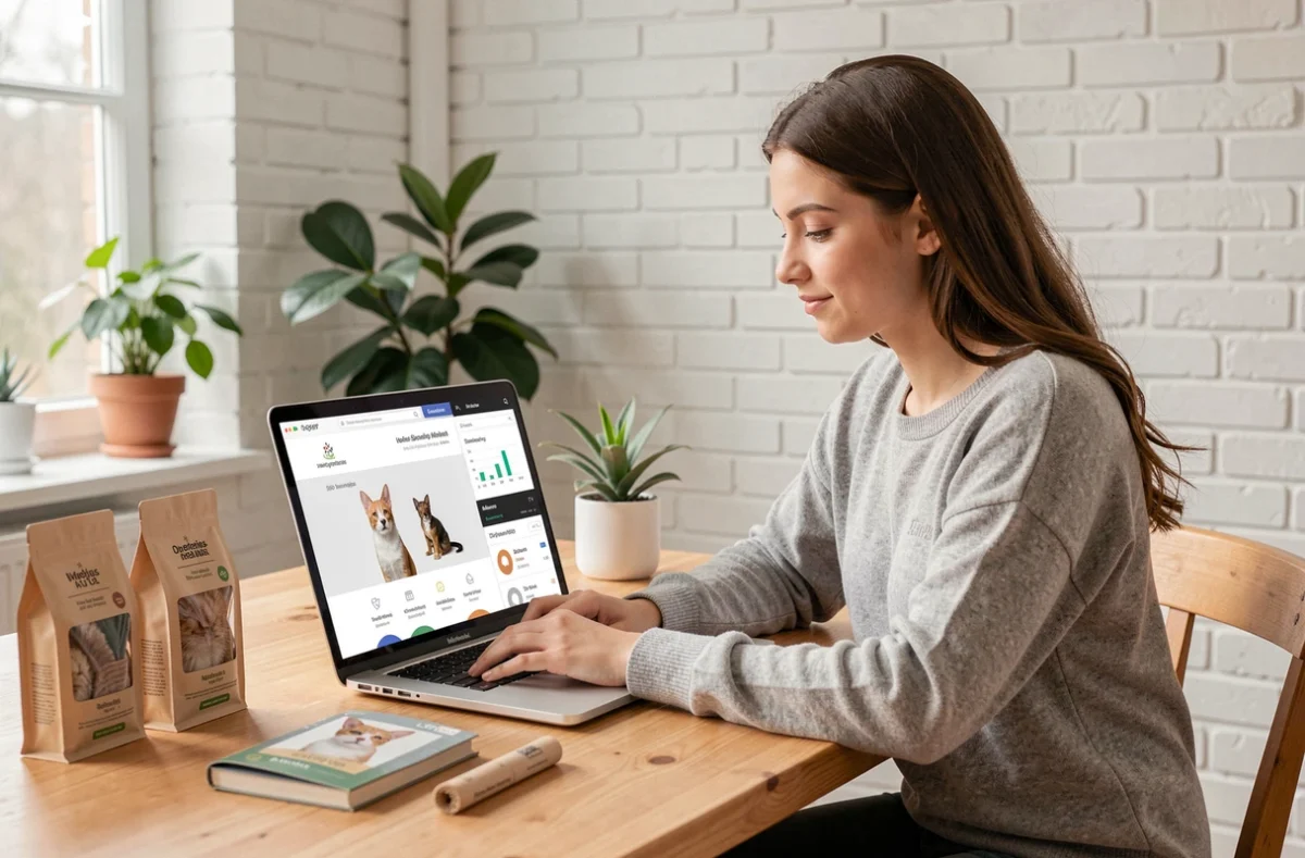 Espace de travail de la marque Petweeze avec une professionnelle travaillant sur le référencement d'un site e-commerce dédié aux animaux de compagnie