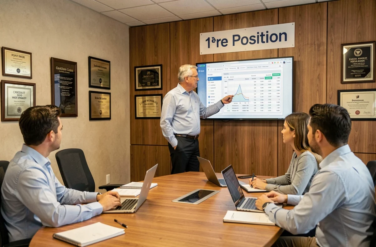 Consultant senior de l'agence 1ère Position présentant des résultats de référencement naturel à son équipe dans une salle de réunion professionnelle