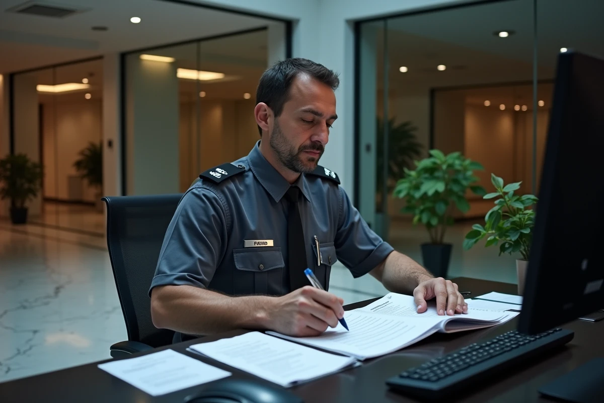 Agent de sécurité de nuit comparant sa fiche de salaire et son planning dans le hall d'un immeuble de bureaux