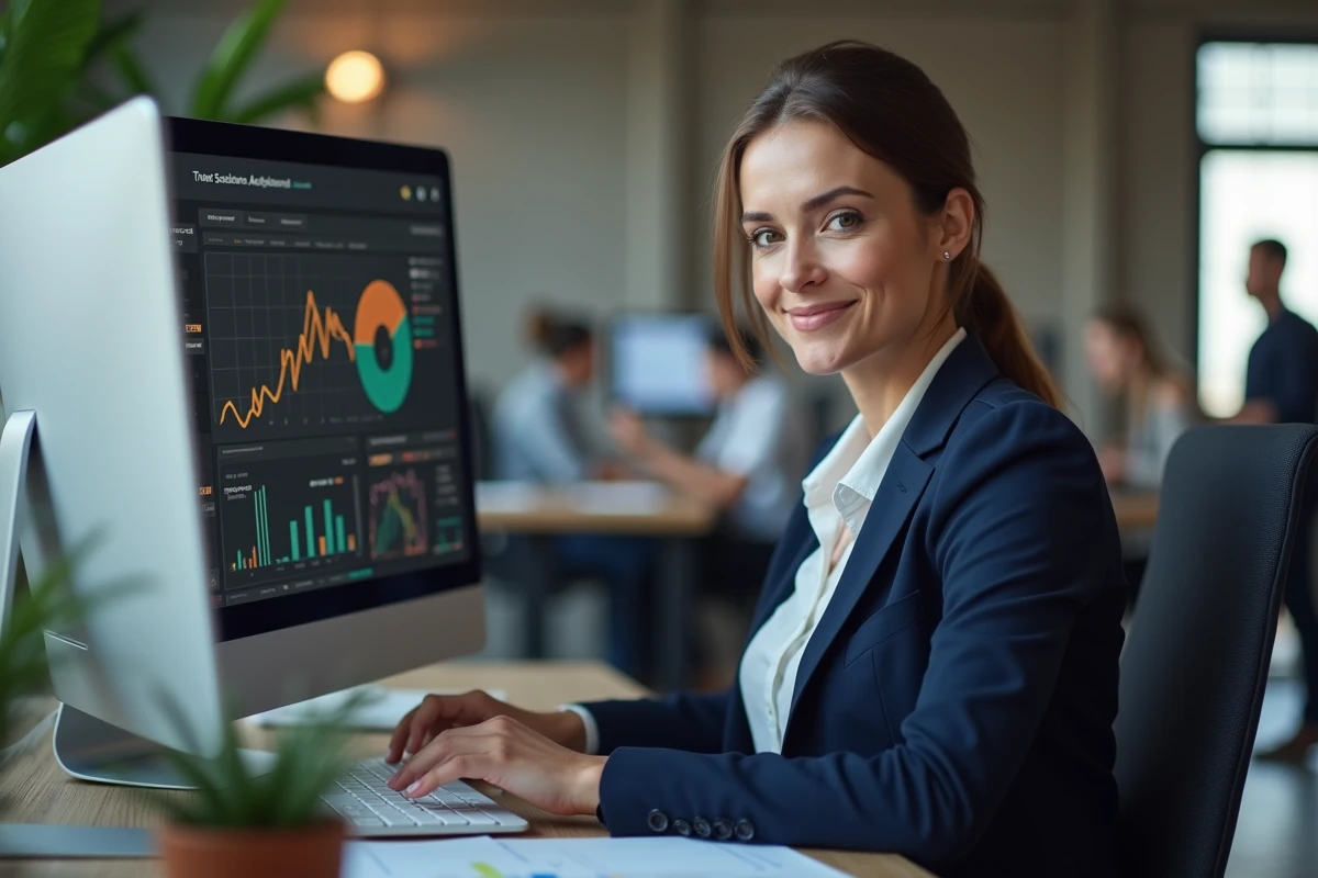 Professionnelle du marketing digital analysant des statistiques d'audience et de notoriété sur un écran dans un bureau moderne