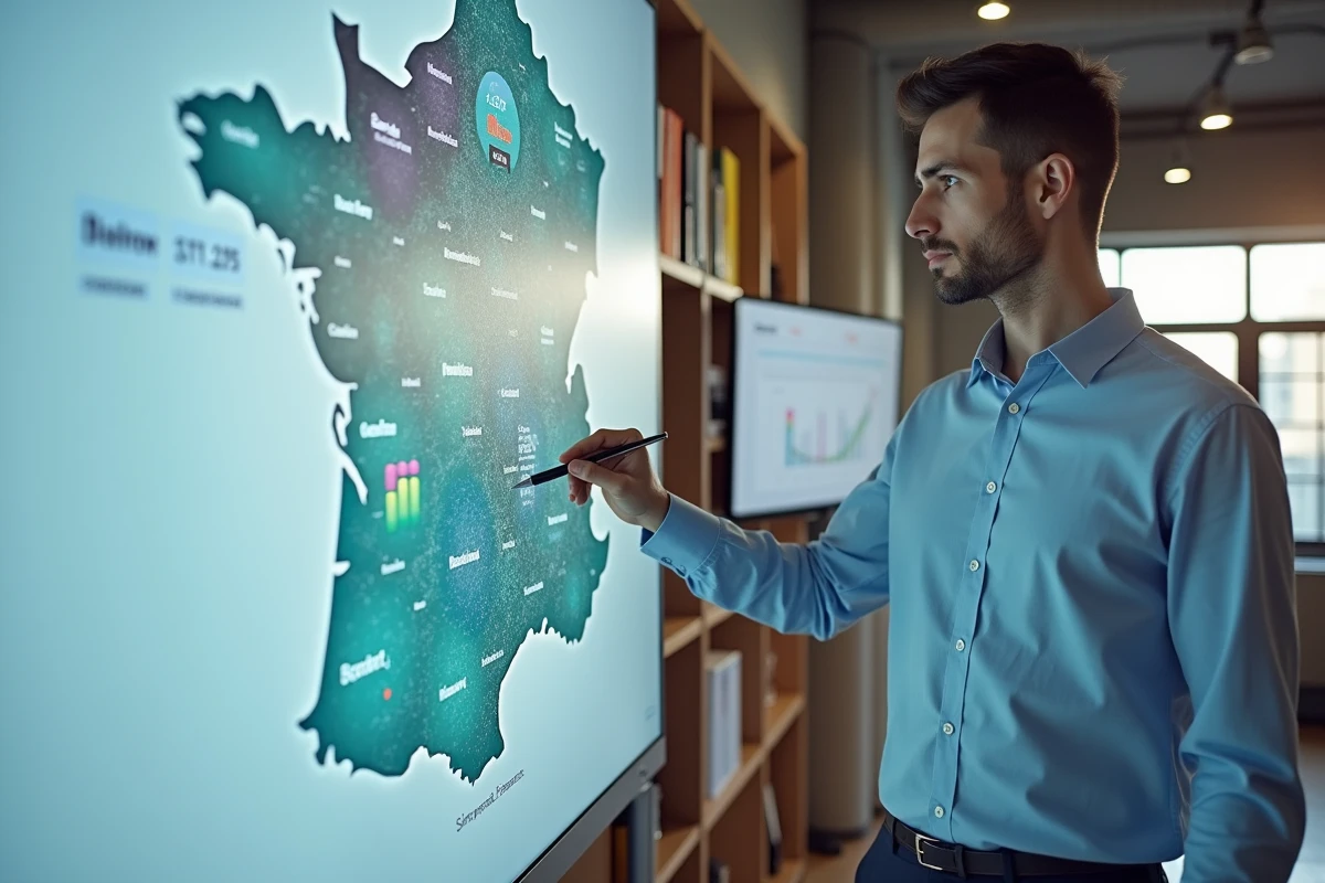 Analyste territorial présentant une carte des indicateurs économiques pour la rédaction d'un rapport d'activité