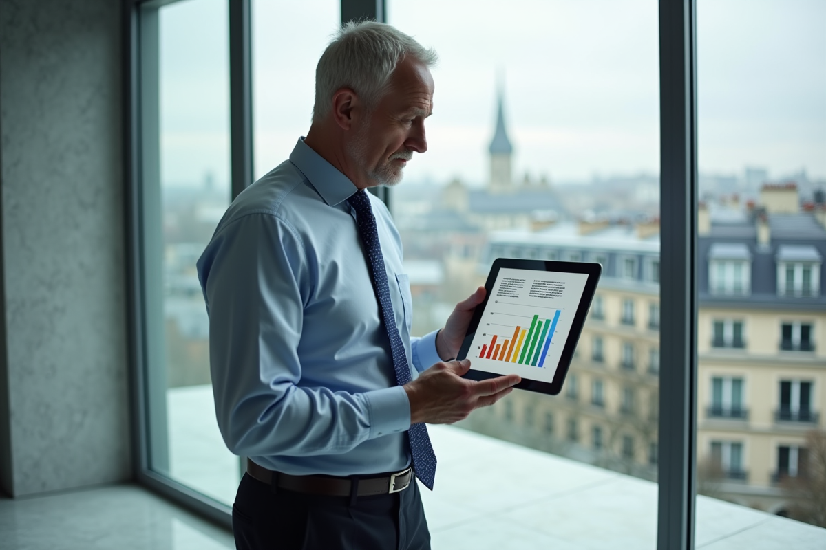 Analyste financier avec tablette devant Paris