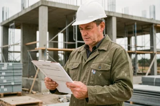 Artisan BTP sur un chantier de construction consultant un devis sur presse-papiers