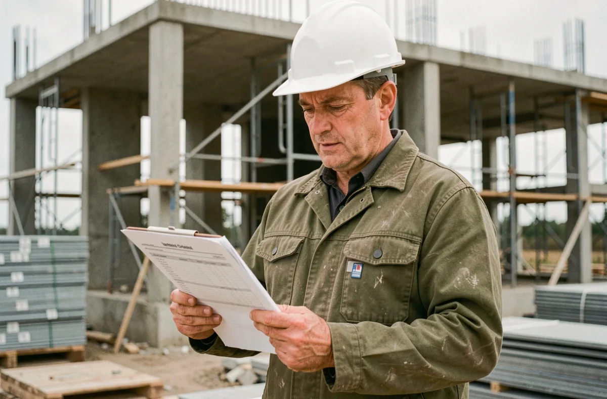 Artisan BTP sur un chantier de construction consultant un devis sur presse-papiers