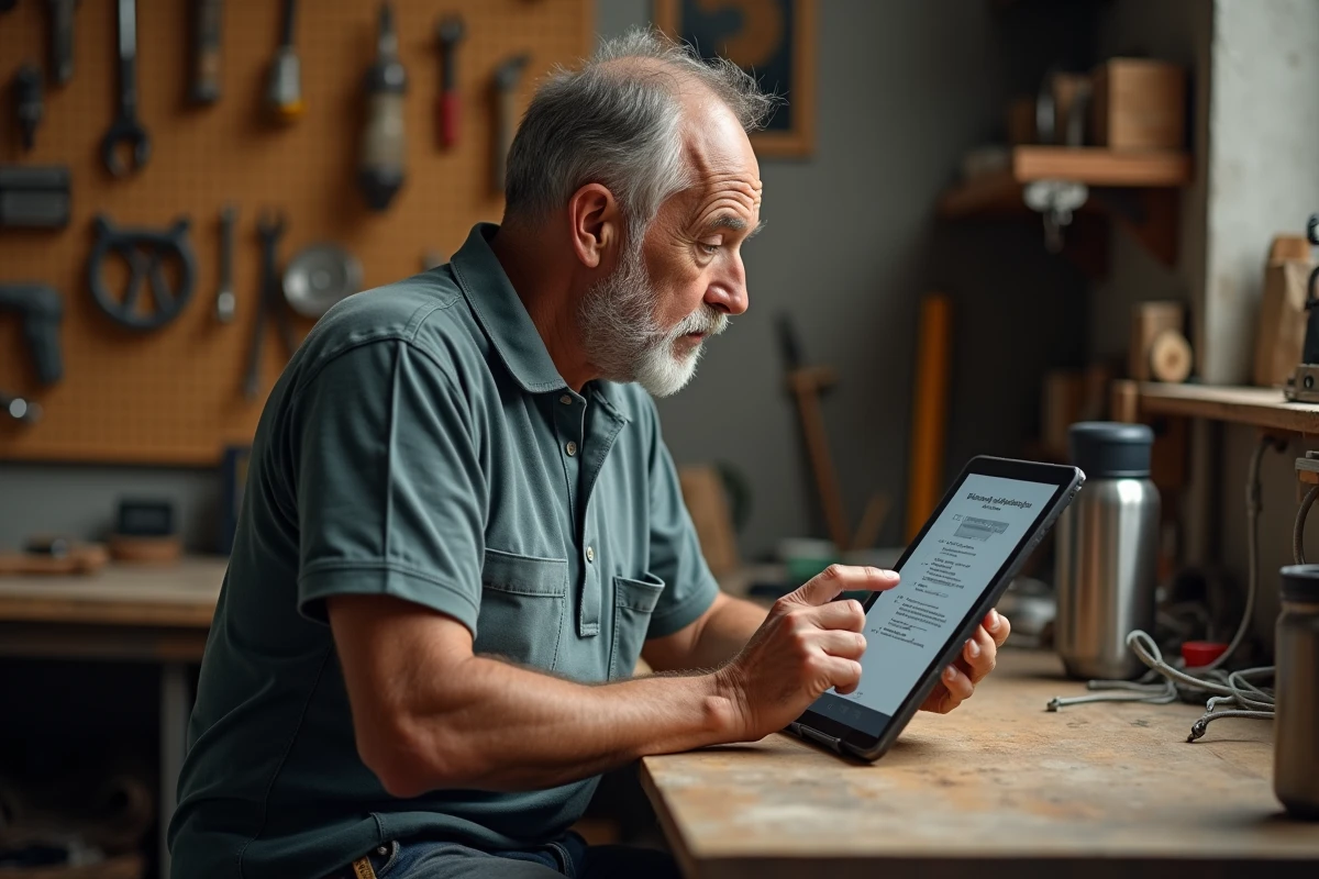 Artisan consultant une checklist de dépannage de connexion sur artisan-en-1-clic.fr depuis une tablette dans son atelier