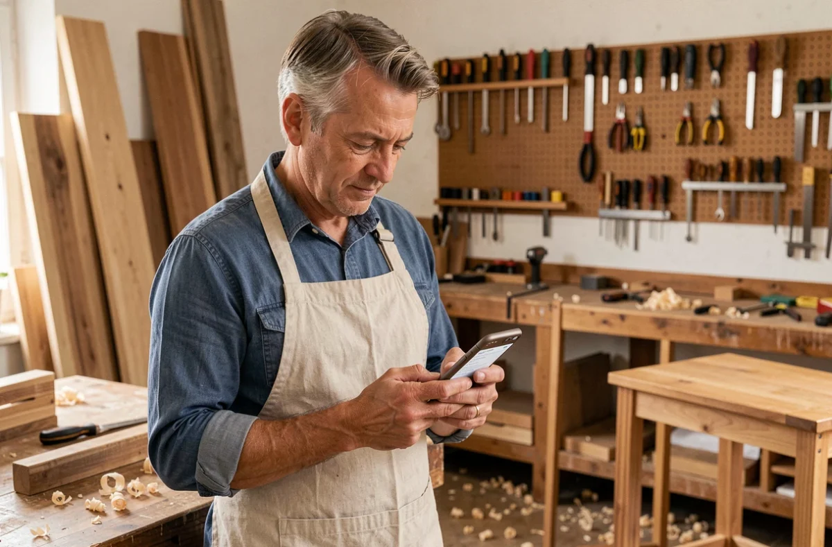 Artisan entrepreneur consultant l'actualité PME sur son smartphone dans son atelier de fabrication artisanale français