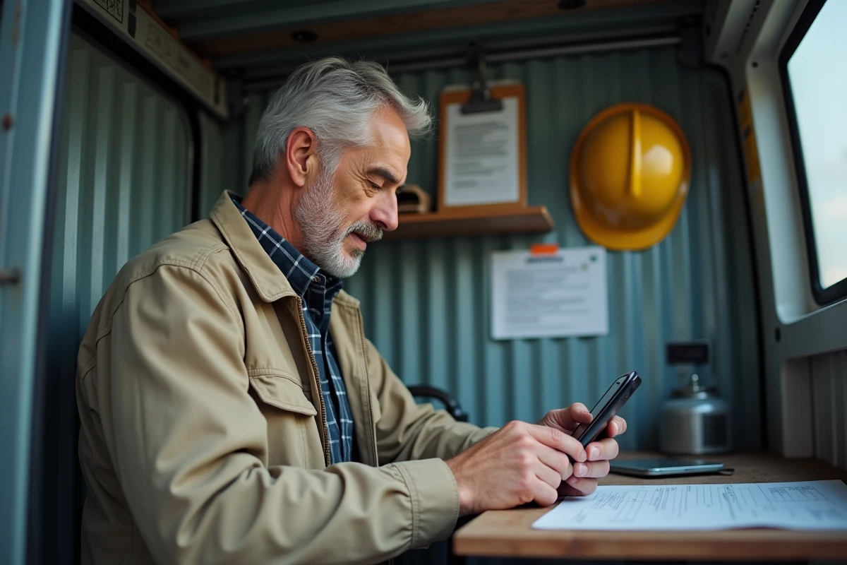 Artisan âgé enregistrant son accès professionnel sur smartphone dans un bureau de chantier mobile