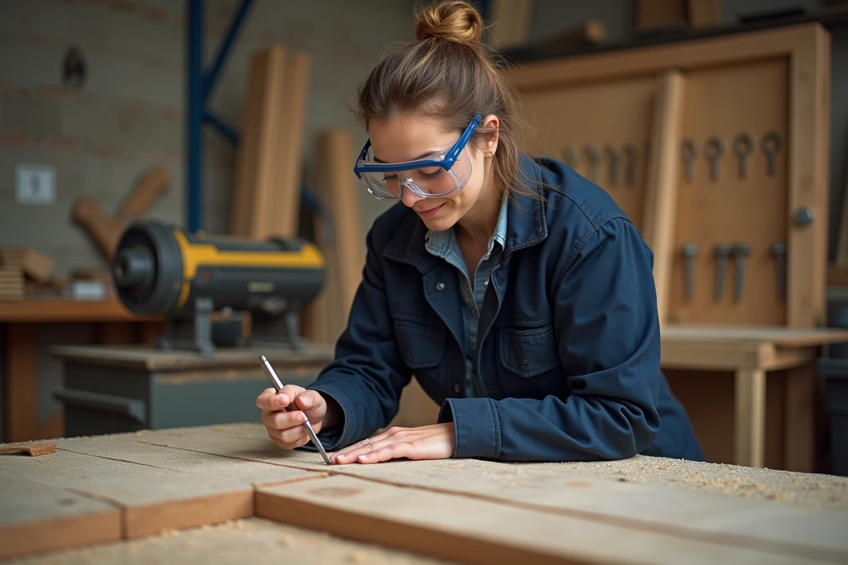 Artisane menuisière inspectant un assemblage de bois dans un atelier de charpenterie
