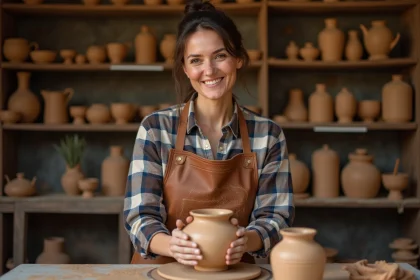 Artisane potière façonnant une céramique sur un tour de potier dans un atelier rustique