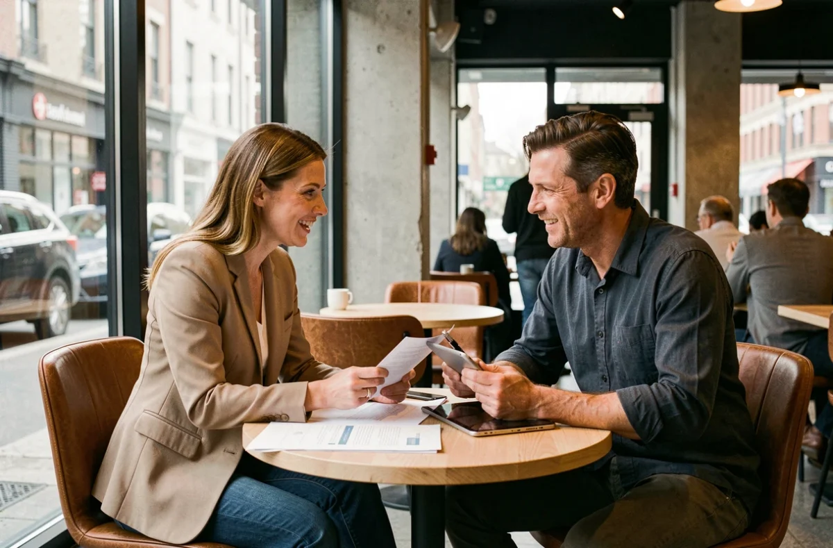 Deux associés discutant des étapes clés pour lancer leur activité ensemble autour d'un café en milieu urbain