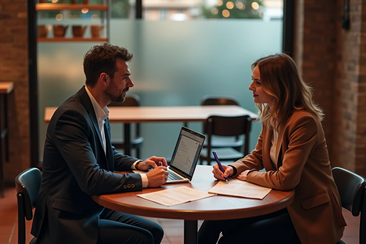 Deux associés en train de planifier leur premier business autour d'un café avec des documents et un ordinateur portable