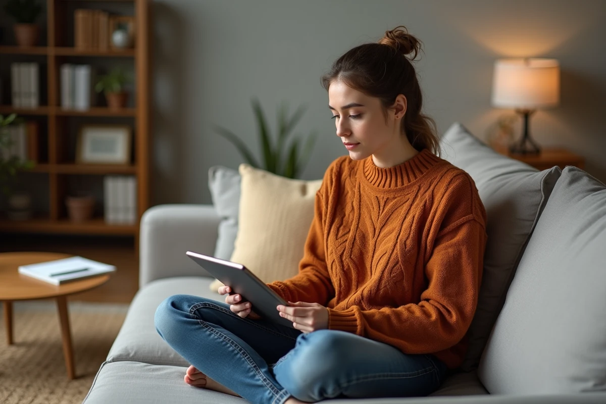 Auto-entrepreneuse mettant à jour son changement de situation sur l'application Urssaf depuis son salon