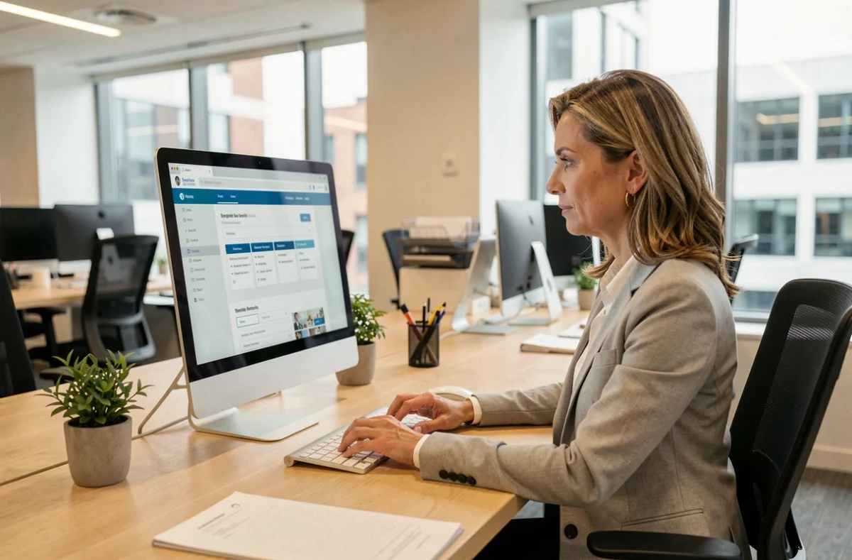 Employée Loxam consultant le portail celoxam pour ses avantages salariés depuis son bureau en open space