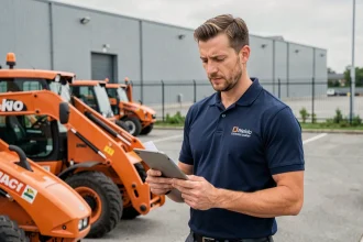 Responsable de flotte Loxam consultant les avantages salariés sur une tablette dans un dépôt de matériel industriel