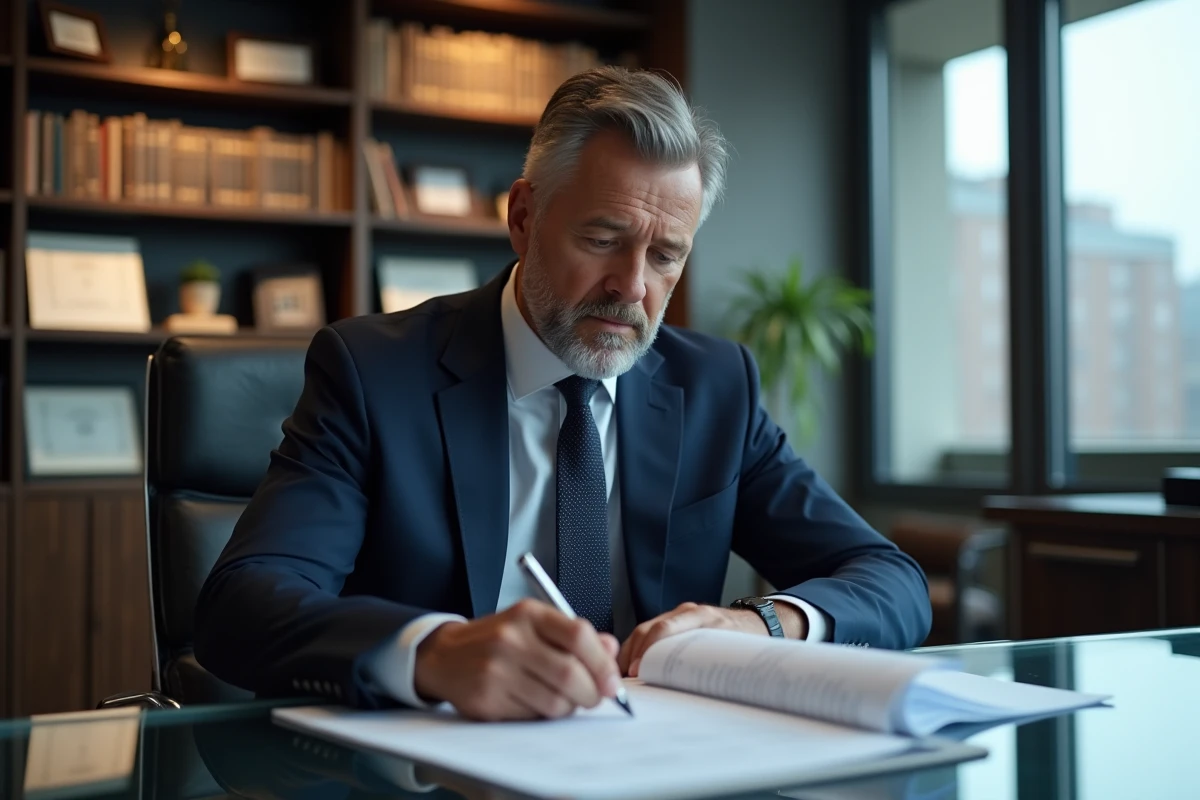 Avocat d'affaires en costume navy examine documents importants