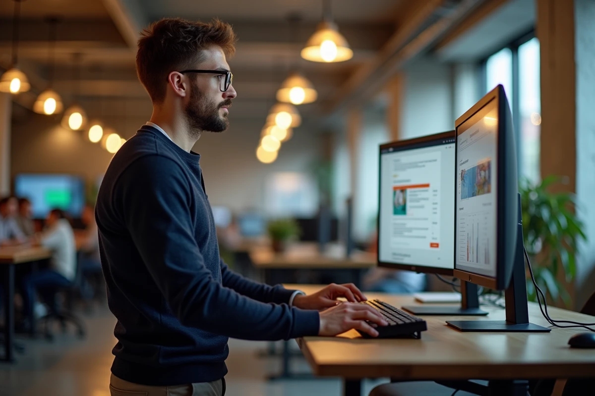 Blogueur gérant un blog de niche et ses partenariats affiliés Conversant dans un espace de coworking
