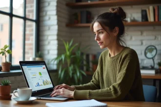 Blogueuse analysant ses revenus d'affiliation Conversant sur un ordinateur portable dans un bureau à domicile moderne