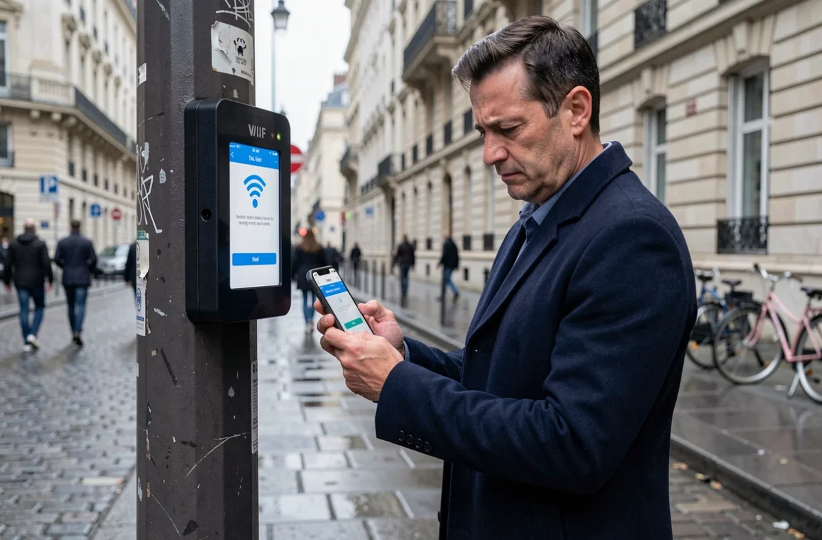 Homme consultant son smartphone face à une borne WiFi Nomade dans une rue de Paris