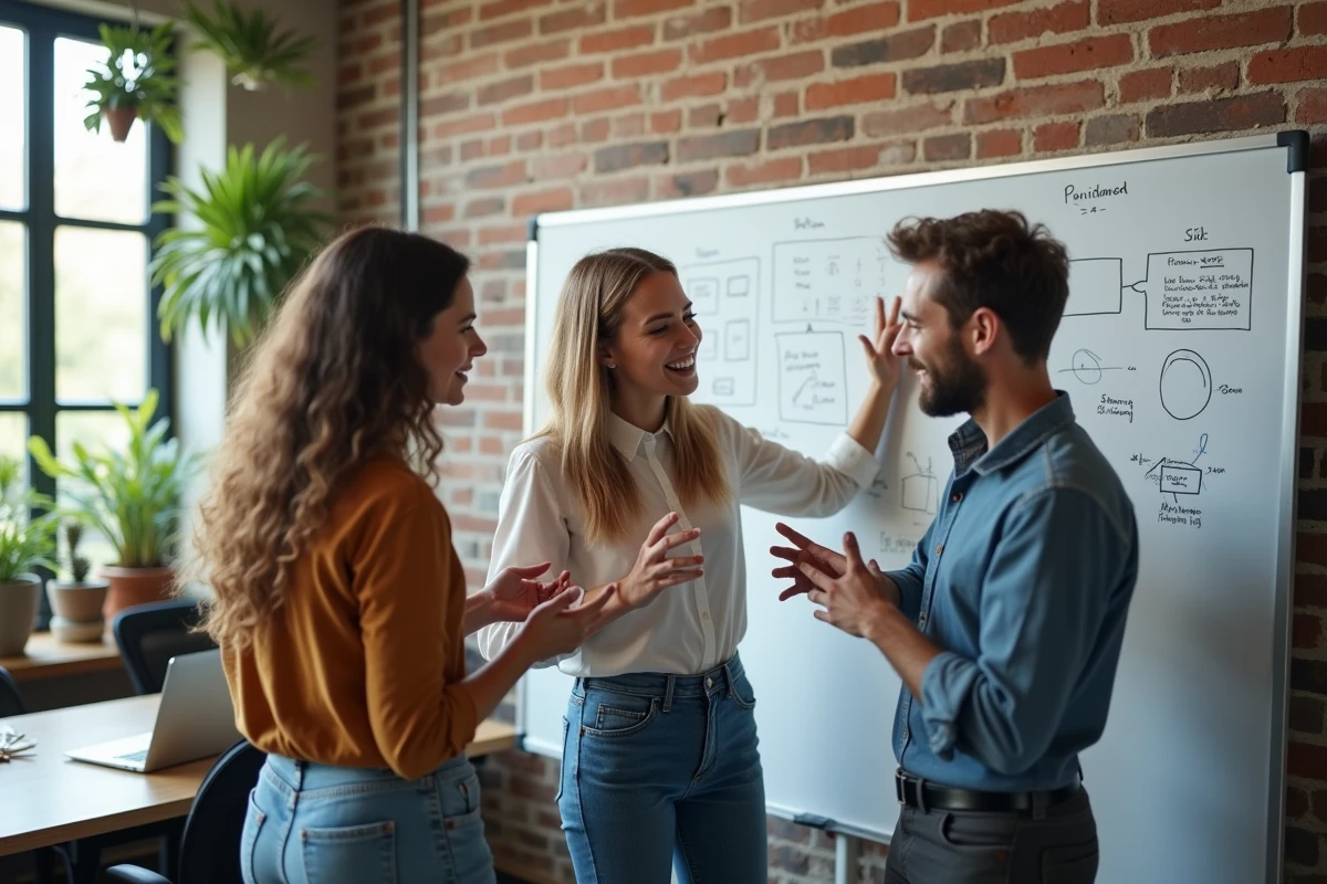 Jeunes innovateurs discutent autour d un tableau blanc dans un espace moderne