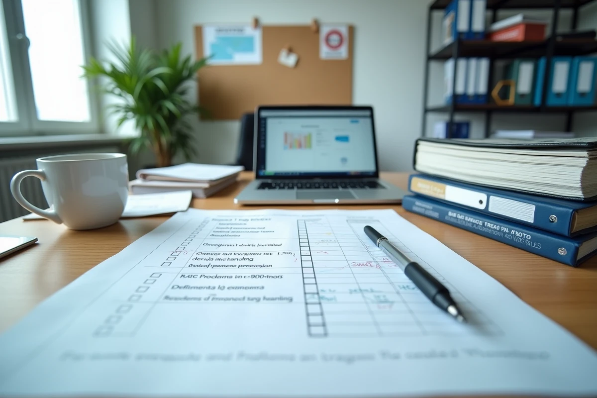 Bureau organisé d'un coordinateur d'association d'amélioration des affaires avec une check-list de lancement et des outils de planification