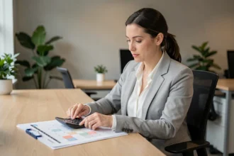 Femme professionnelle calculant ses heures de travail annuelles sur un agenda et calculatrice dans un bureau moderne en 2026