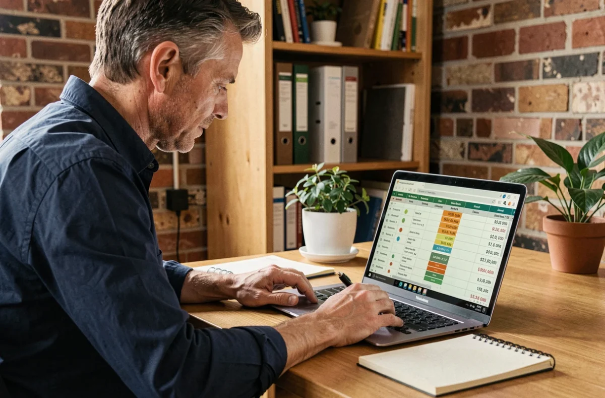 Homme en télétravail calculant ses heures de travail annuelles sur un tableur informatique dans un bureau à domicile