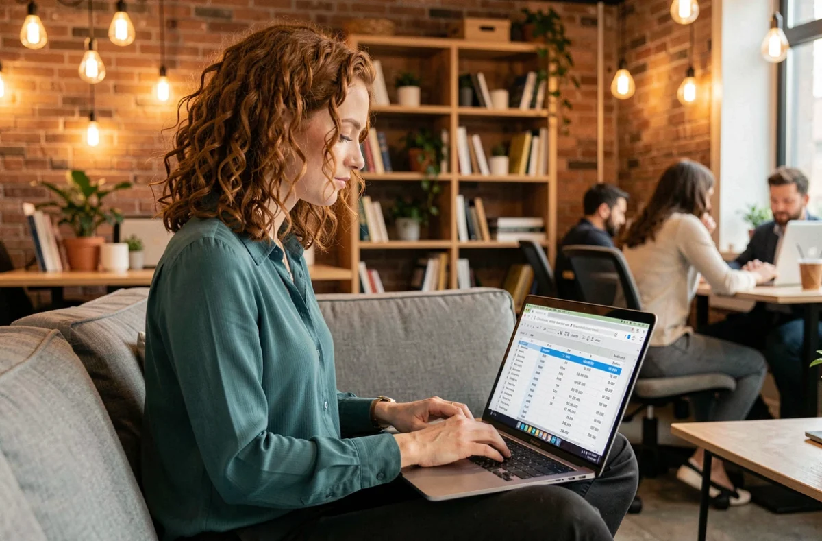 Jeune femme travaillant sur des données de conversion et calculs ROI sur ordinateur portable dans un espace de coworking créatif et détendu