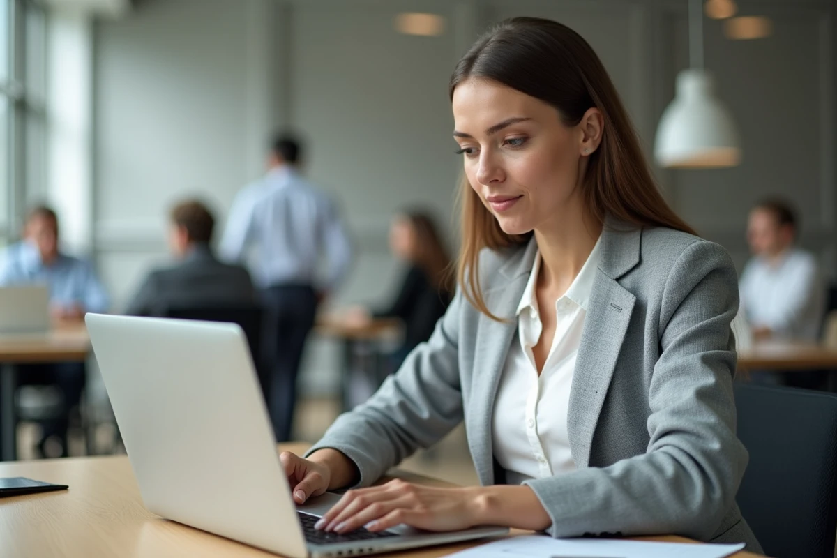 Femme consultant une plateforme de recrutement en ligne sur son ordinateur portable dans un bureau moderne