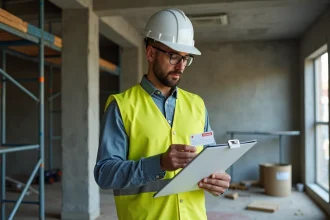 Responsable de chantier tenant une carte de fidélité Loxam sur un petit chantier de rénovation