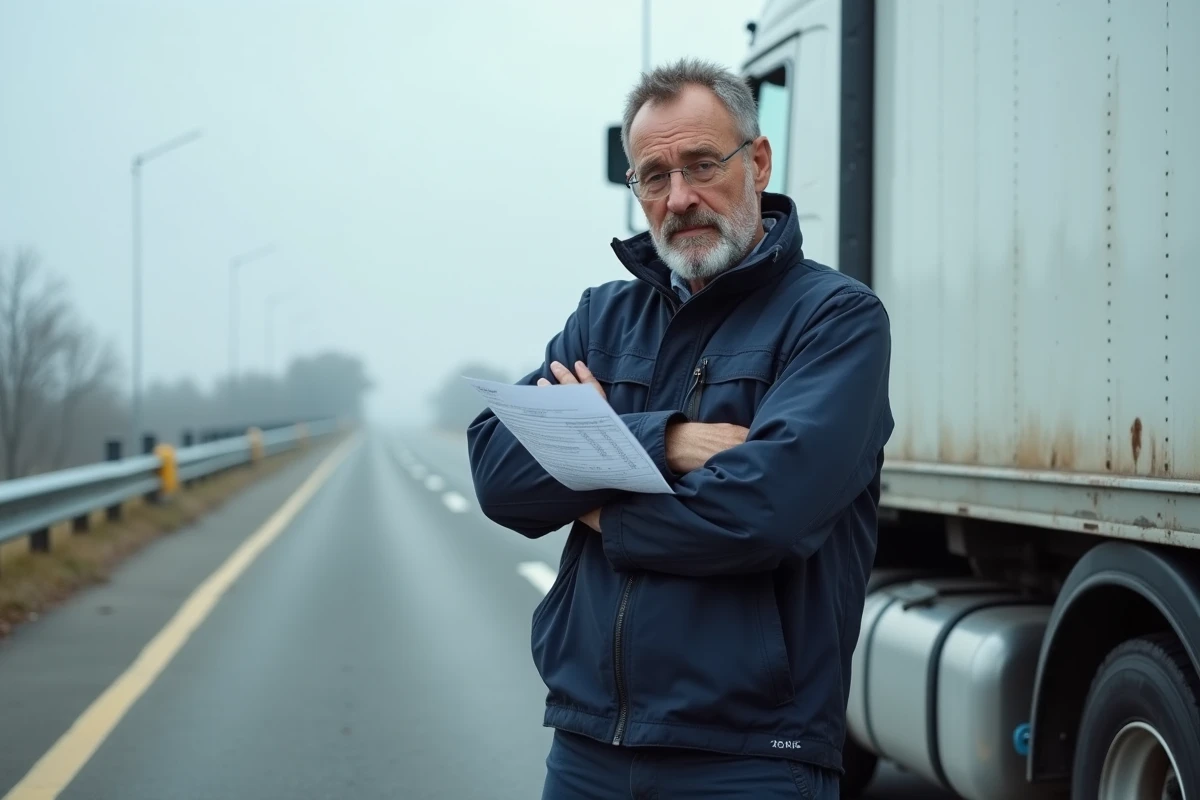 Chauffeur routier en veste de travail bleue consultant sa fiche de paie devant un camion semi-remorque blanc à une aire de repos autoroutière