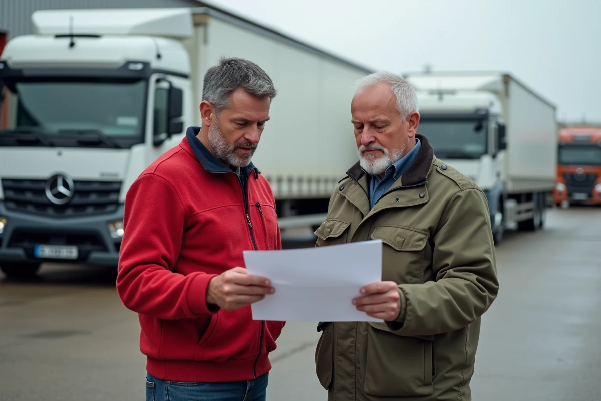 Deux chauffeurs routiers discutant d'un document salarial devant un entrepôt logistique avec quais de chargement