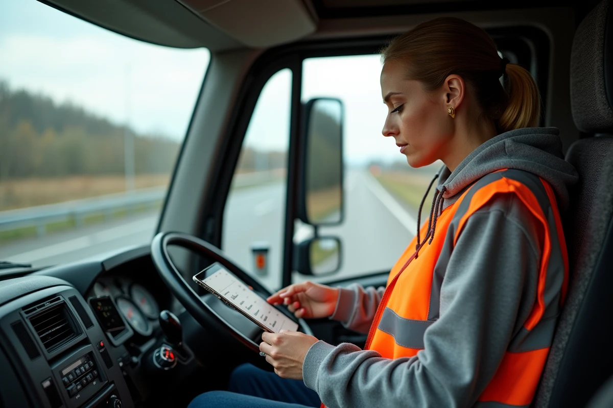 Chauffeuse routière dans la cabine d'un camion consultant un tableau comparatif de salaires sur une tablette numérique