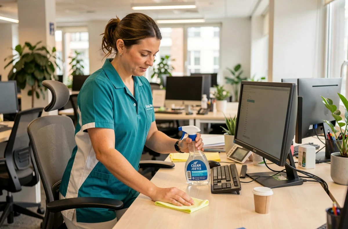 Agente Clean Service Metz désinfectant un poste de travail dans un bureau moderne