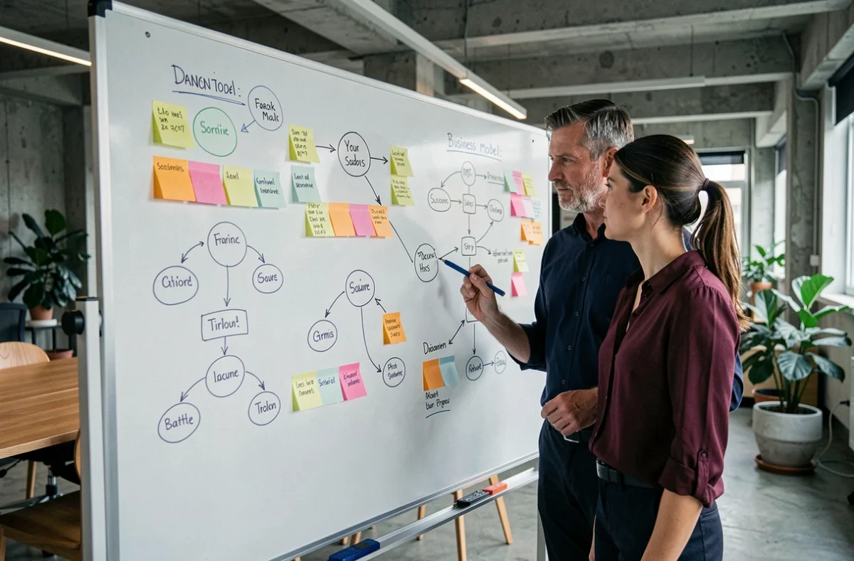 Deux professionnels collaborant devant un tableau blanc avec des schémas de business model dans un espace de coworking moderne