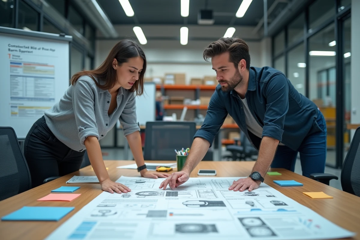 Deux fabricants débutants collaborant sur un dossier technique de construction ouvert avec prototypes et rapports d'essais sur une table de réunion