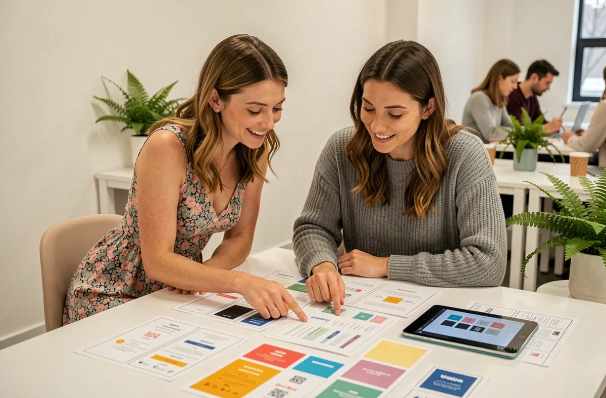 Deux femmes collaborant sur la personnalisation de modèles d'invitations imprimées dans un espace de co-working moderne