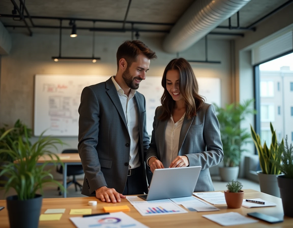 Deux professionnels collaborant sur une stratégie marketing B2B dans un bureau moderne style startup