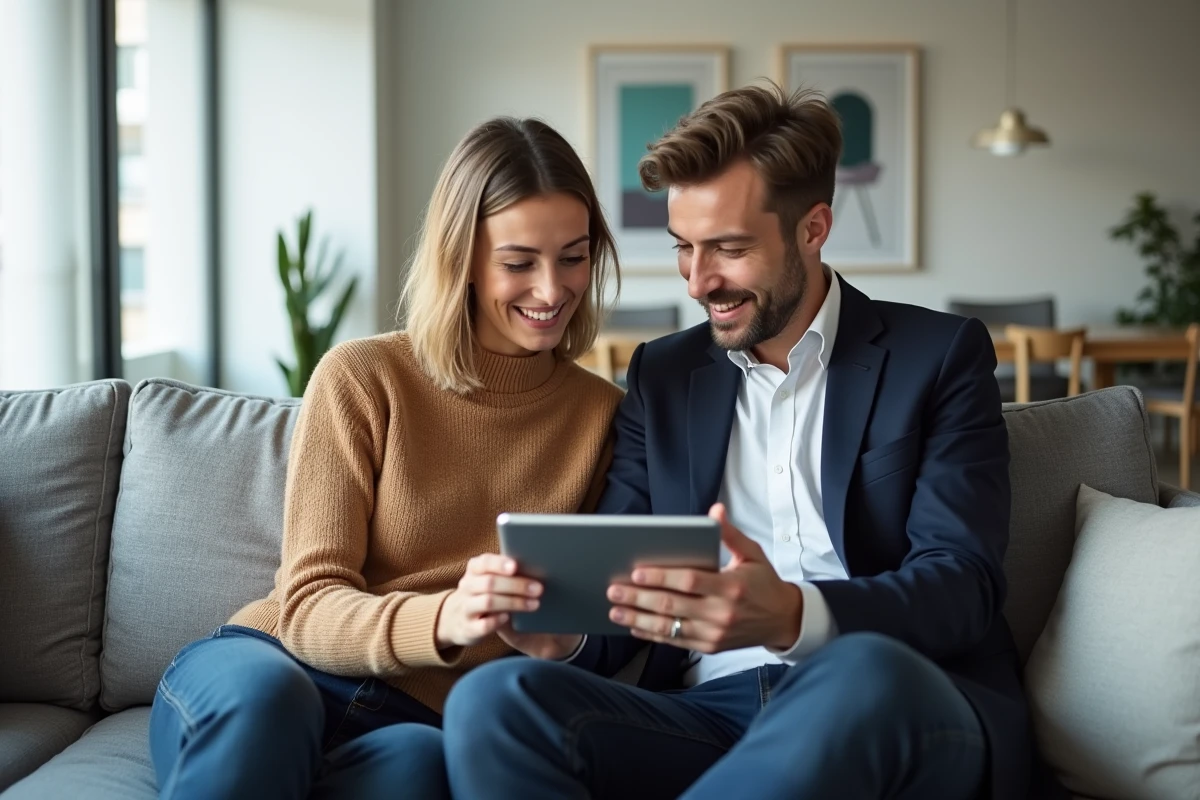 Deux jeunes professionnels discutant d'une plateforme éditoriale business sur tablette dans un bureau startup moderne
