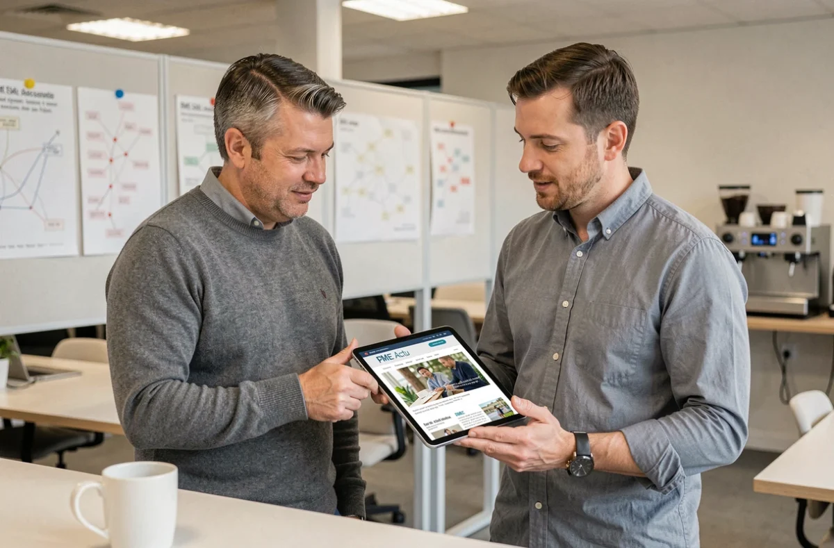 Deux collaborateurs de TPE consultant un site d'actualité PME sur une tablette dans un espace de coworking moderne