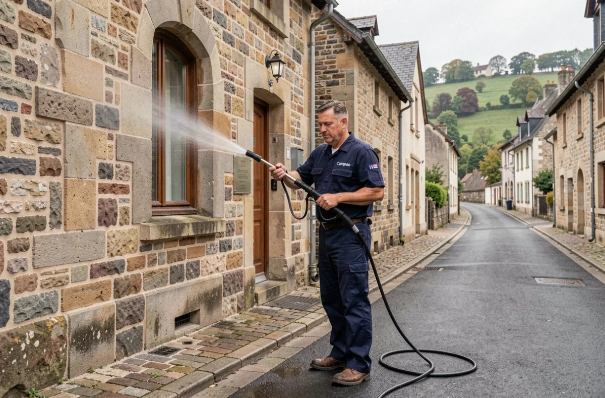 Technicien Compao Nettoyage effectuant un nettoyage haute pression d'une façade en pierre à Scy-Chazelles