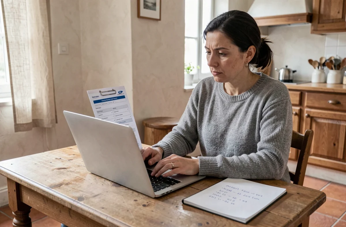 Femme comparant des devis travaux en ligne sur ordinateur portable à la maison