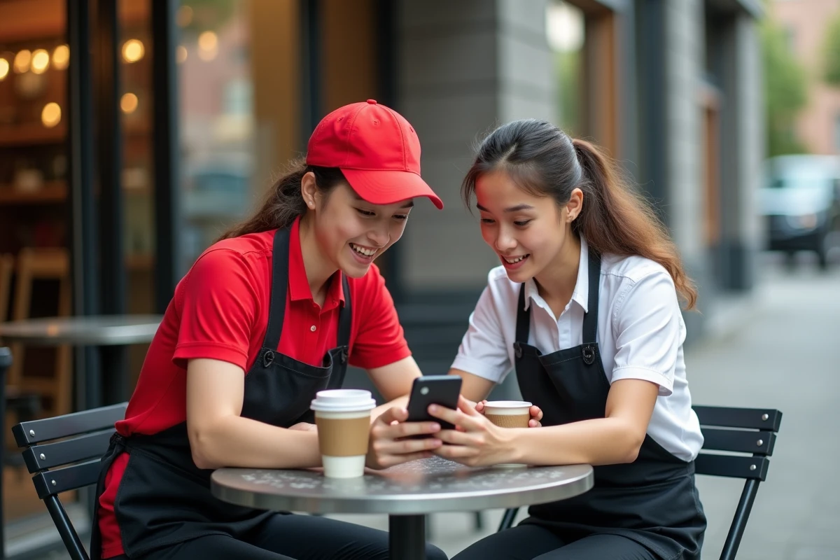 Deux étudiants en pause comparant leurs offres d'emploi entre McDonald's et grande surface, choix de job étudiant