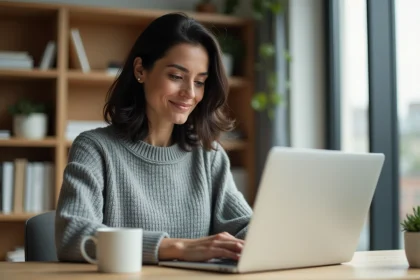 Femme connectée à son compte Smartbox sur un ordinateur portable dans un bureau à domicile moderne