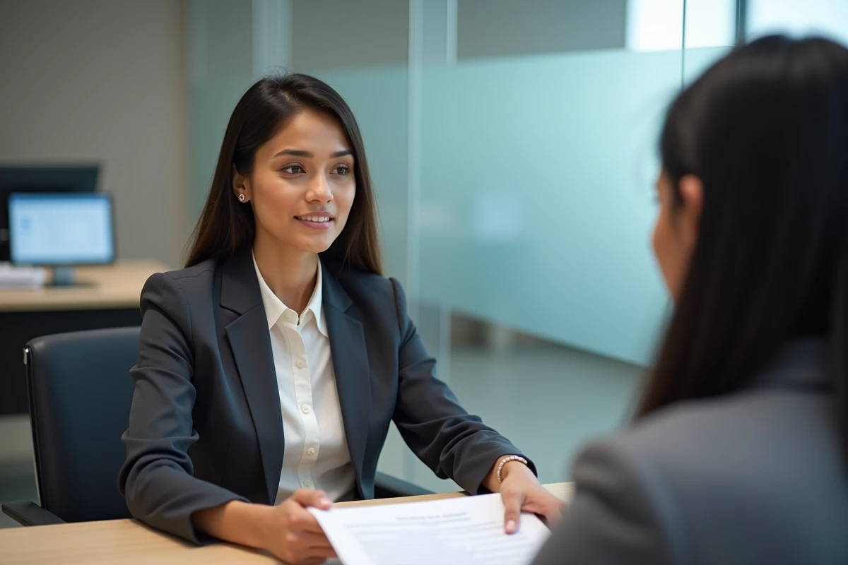 Femme discutant d'un litige avec un conseiller bancaire dans une agence au sujet d'un service de remise de fonds