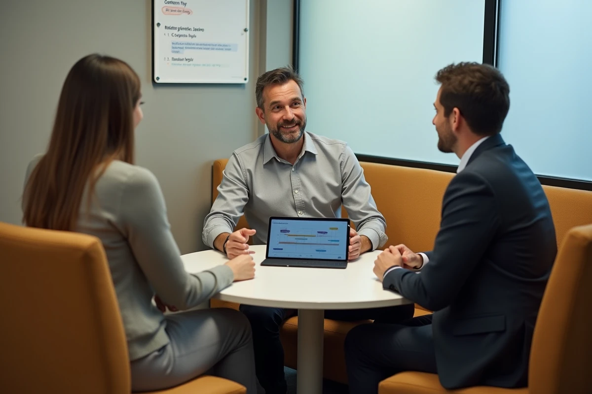 Consultant en conduite du changement discutant avec des employés d'un plan de transition progressif pour l'adoption d'un nouveau système de rôles